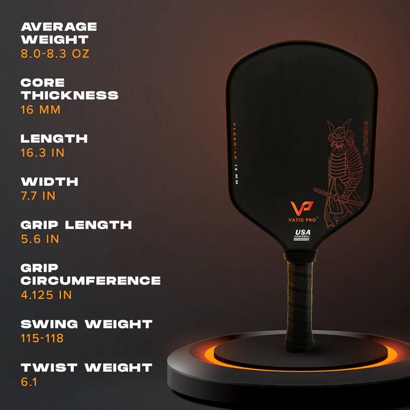 Black pickleball paddle with specifications on a dark background