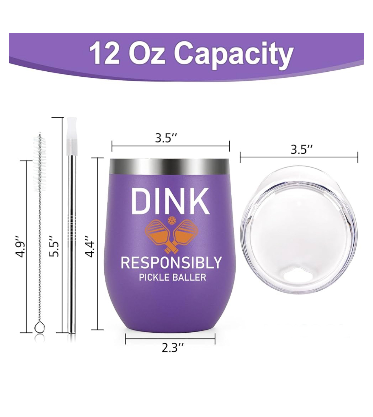 Dink Responsibly Pickleball Wine Tumbler With Lid,Straw & Brush - Purple