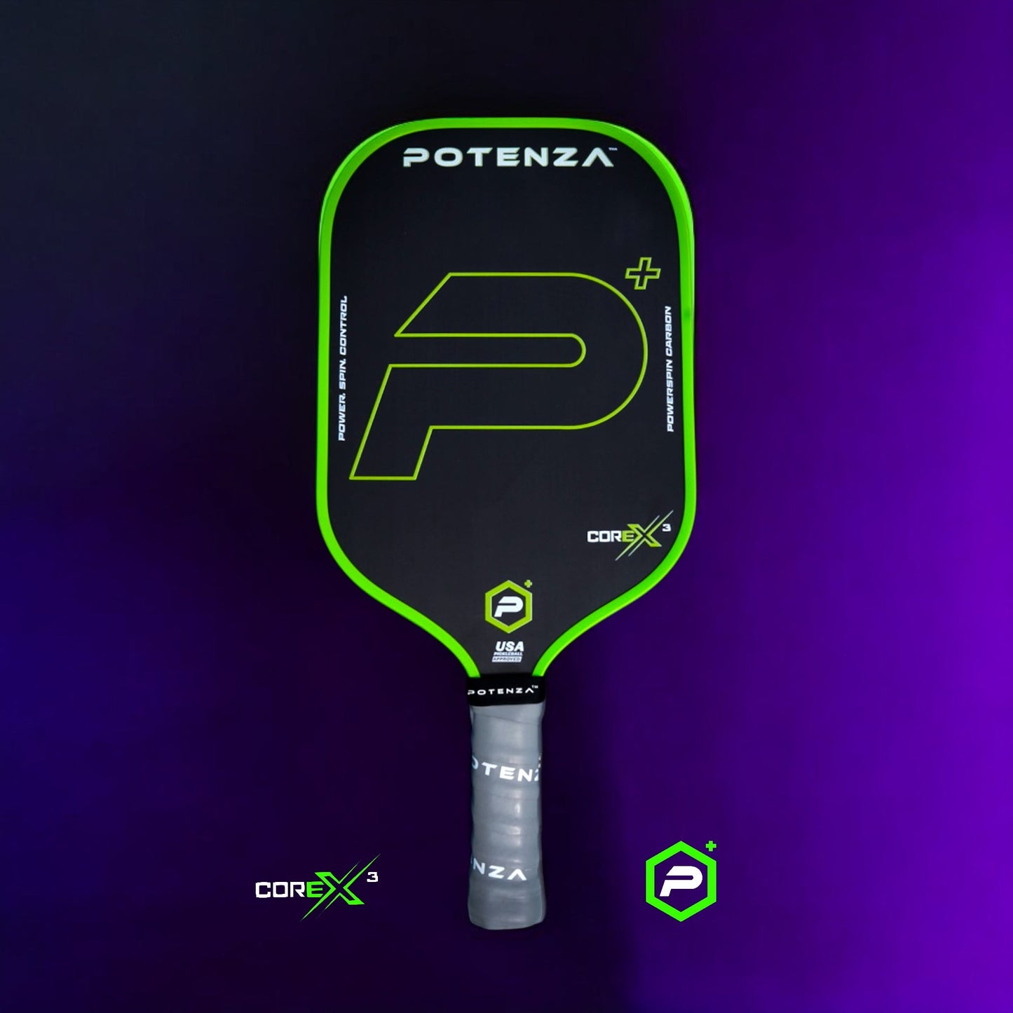 Potenza P+ PowerSpin Carbon COREx3 (Neon Green, Elongated Face) Pickleball Paddle