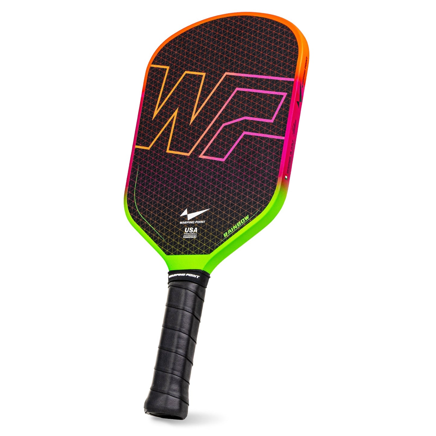 Pickleball paddle with colorful design on a white background