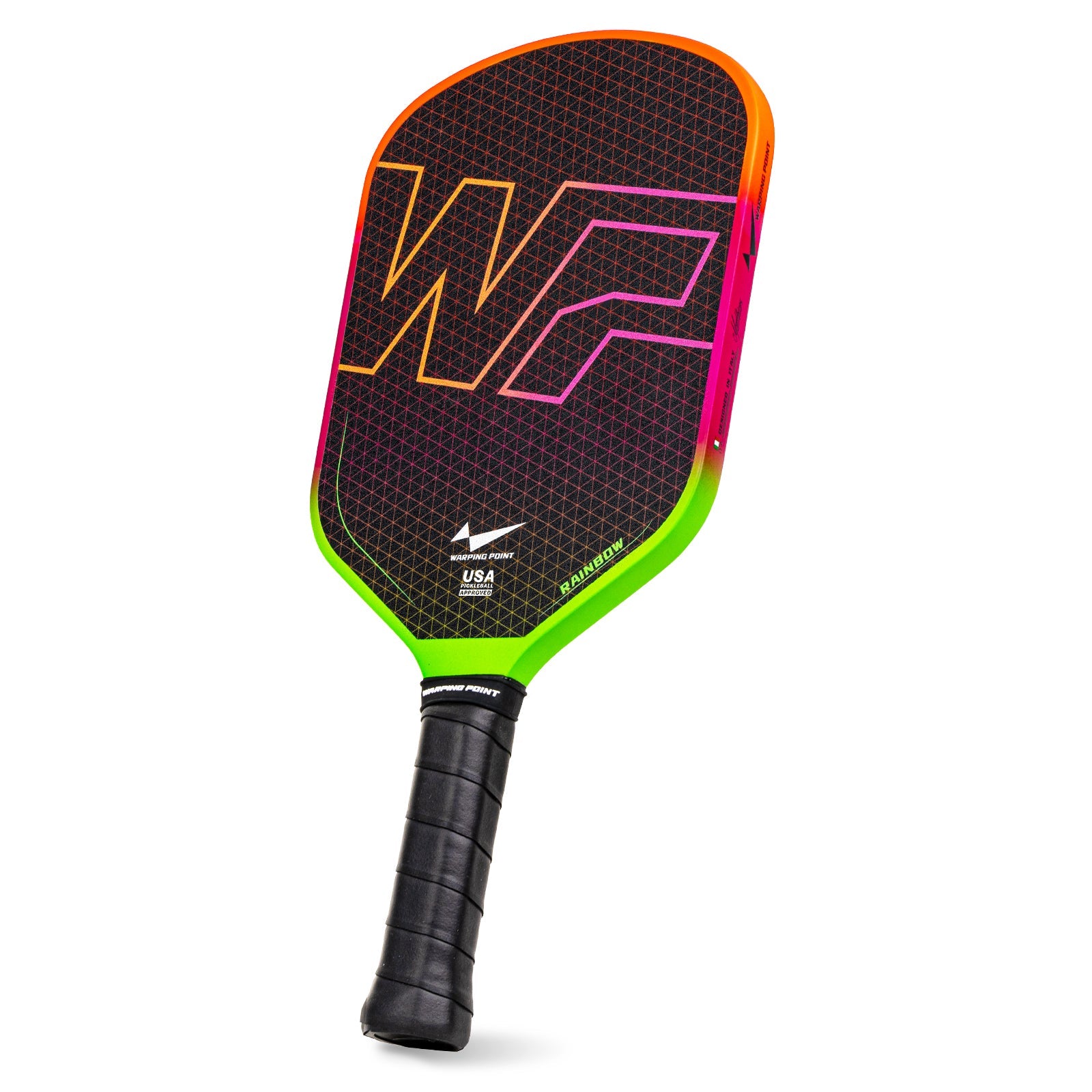 Pickleball paddle with colorful design on a white background