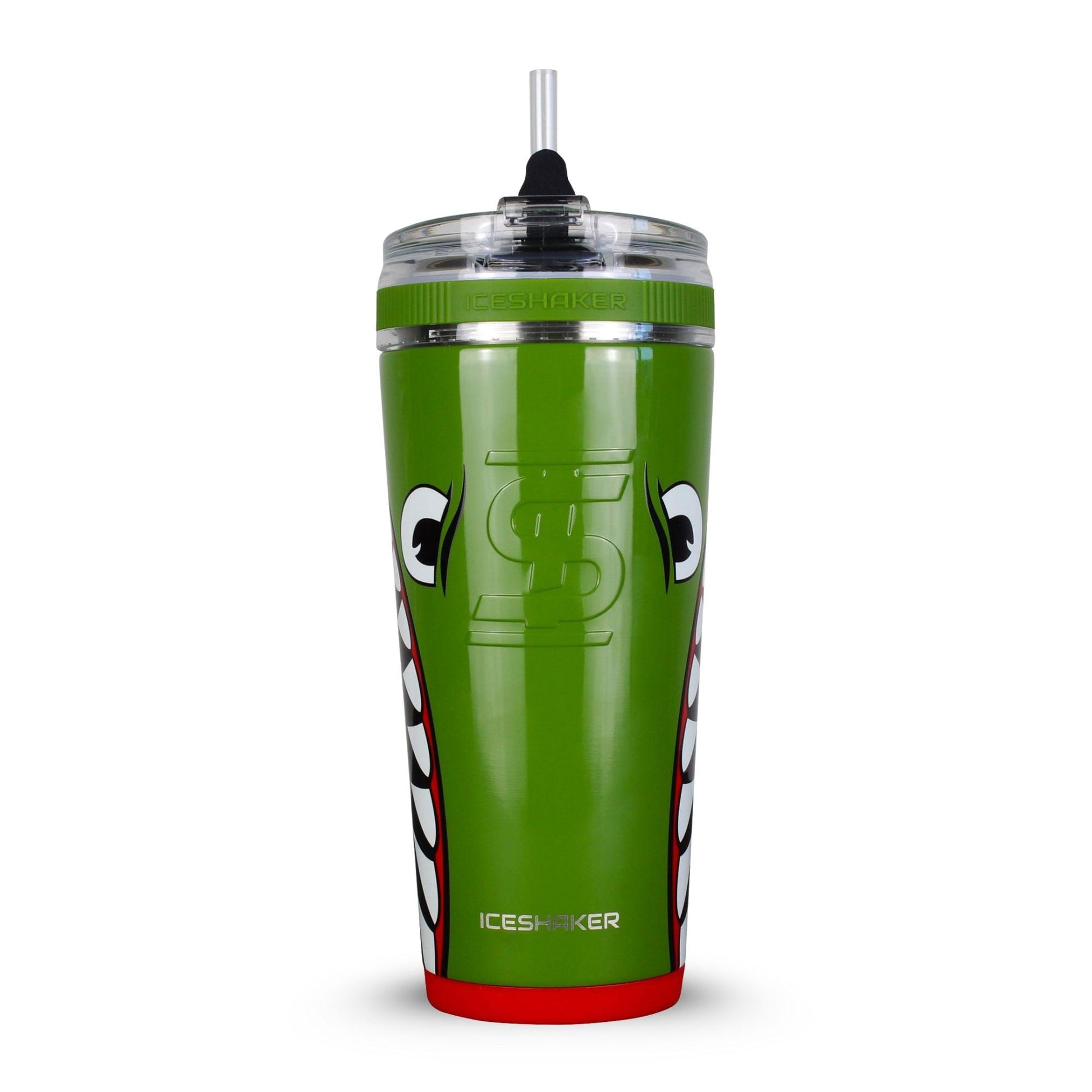 Green tumbler with cartoon face design on a white background