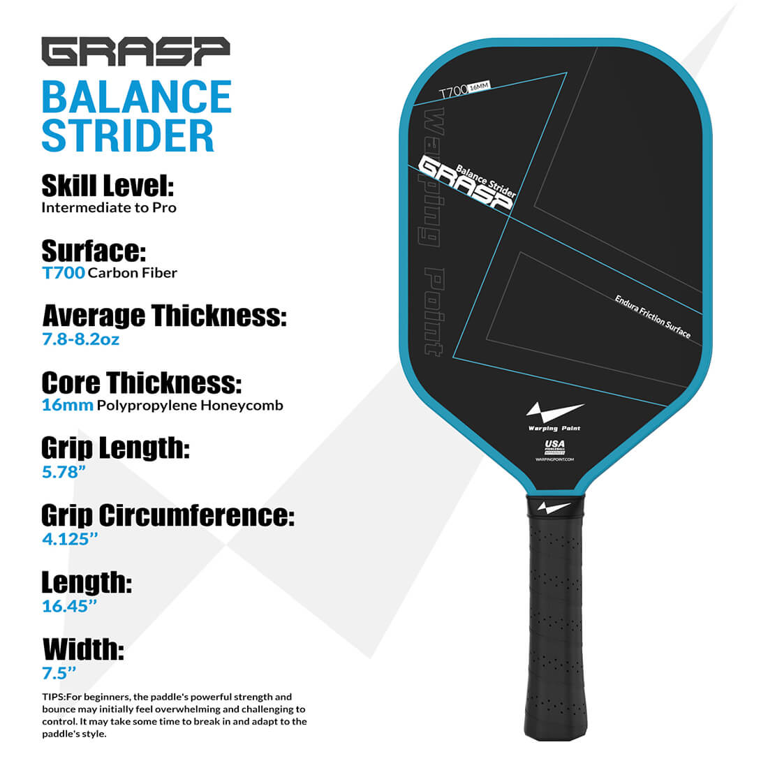 Warping Point Grasp Pickleball Paddle - 16mm