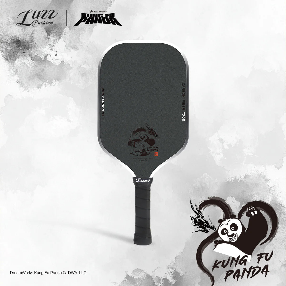 Black pickleball paddle with panda design on a white background