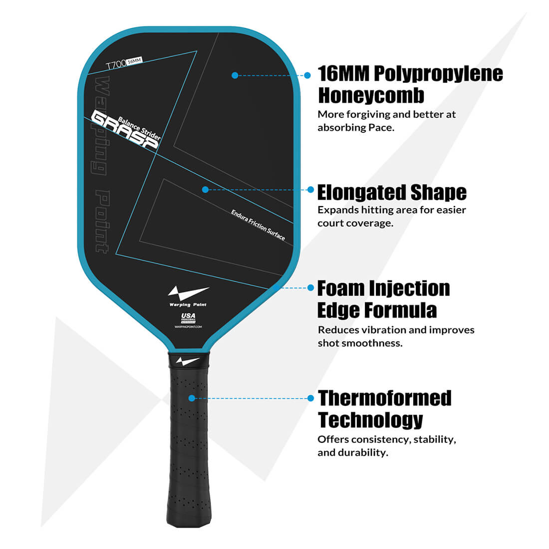 Warping Point Grasp Pickleball Paddle - 16mm