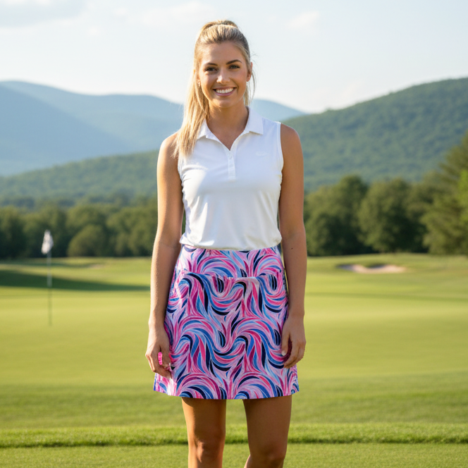 Kiawah Country Club Skort in Swirlee Girl Navy Pink White
