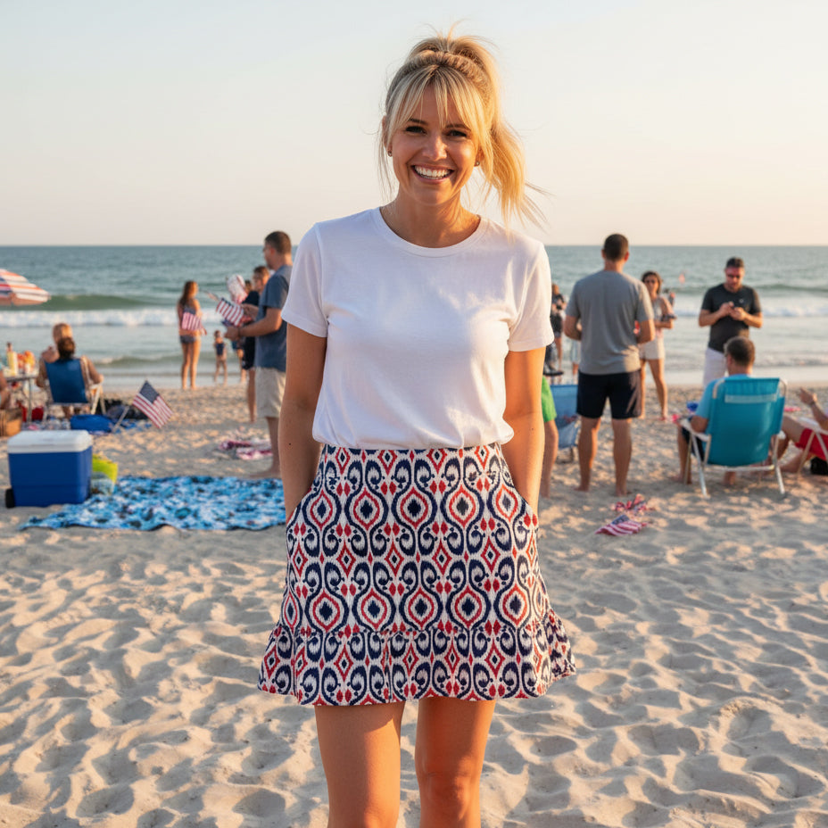Venice Ruffle Hem Skort in Ikat Island Red White Blue