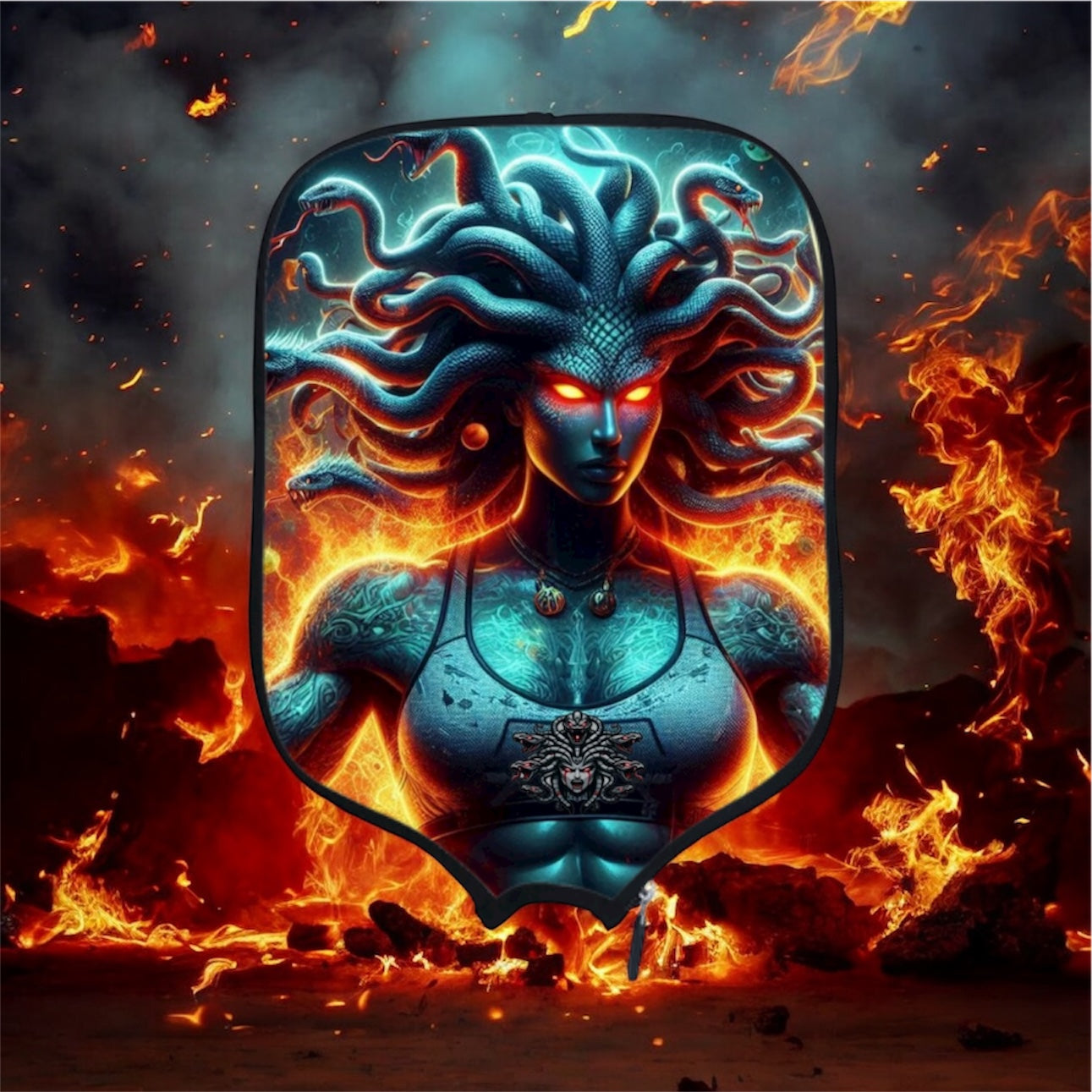 Medusa-like creature with fiery background