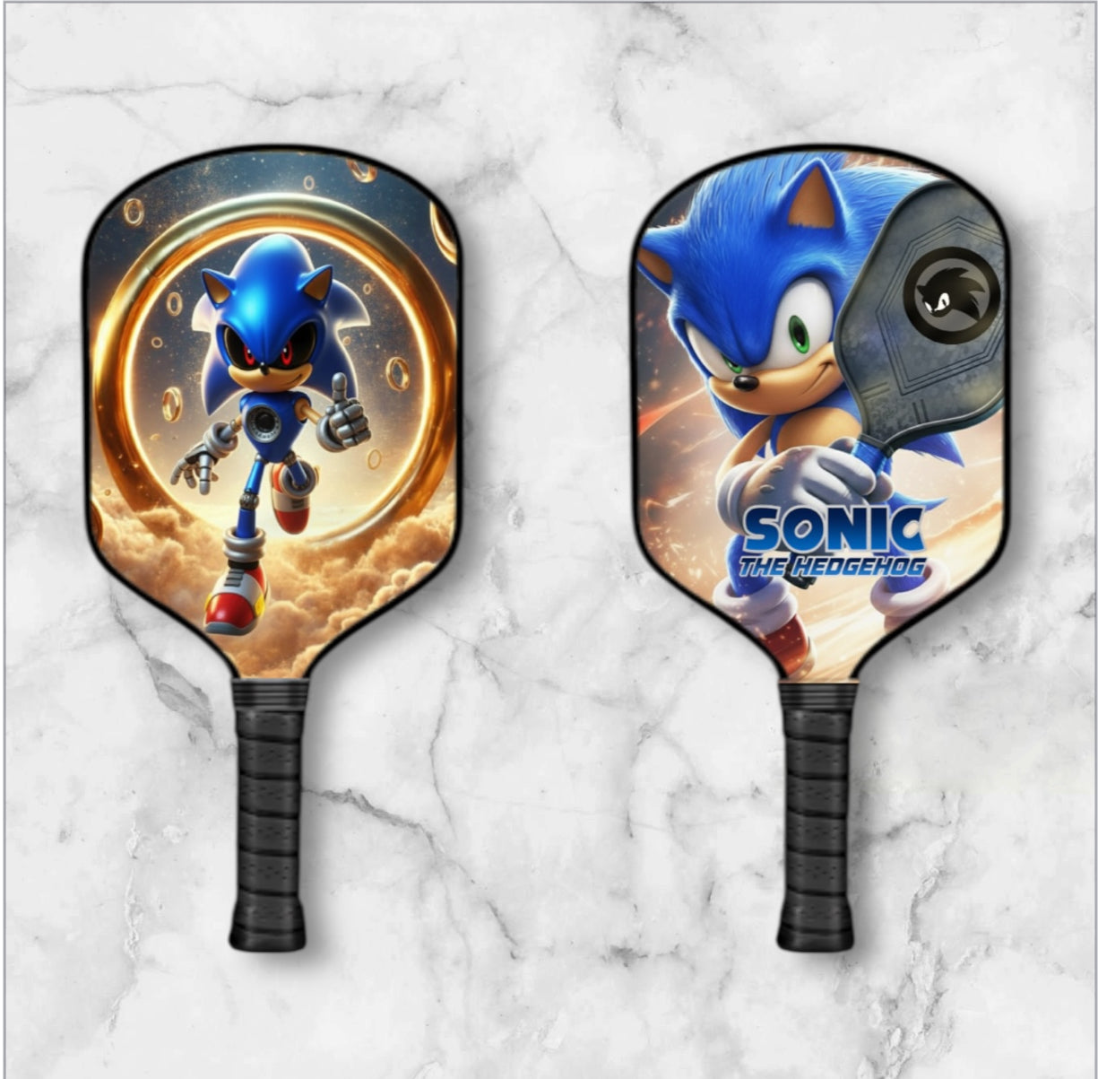 Two pickleball paddles with Sonic the Hedgehog design on a marble surface