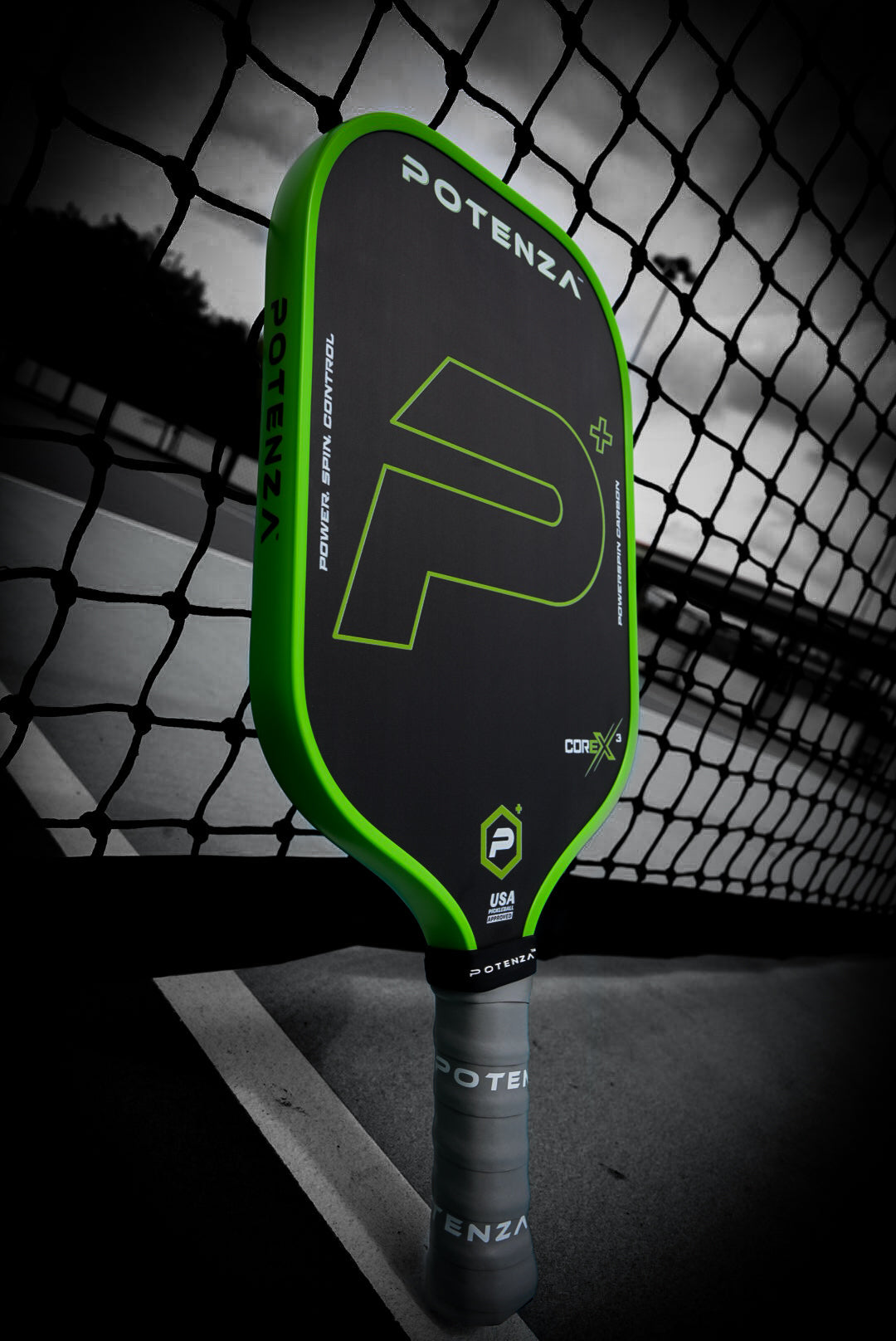 Potenza P+ PowerSpin Carbon COREx3 (Neon Green, Elongated Face) Pickleball Paddle