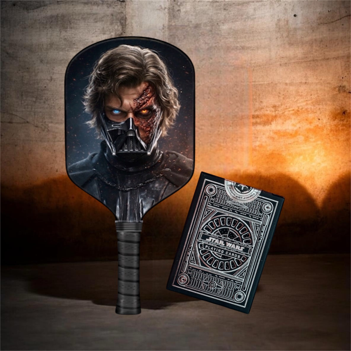 A Star Wars themed playing card fan deck displayed next to a matching decorative fan. The fan features a printed portrait of a Star Wars character with a scarred face and glowing blue eyes.