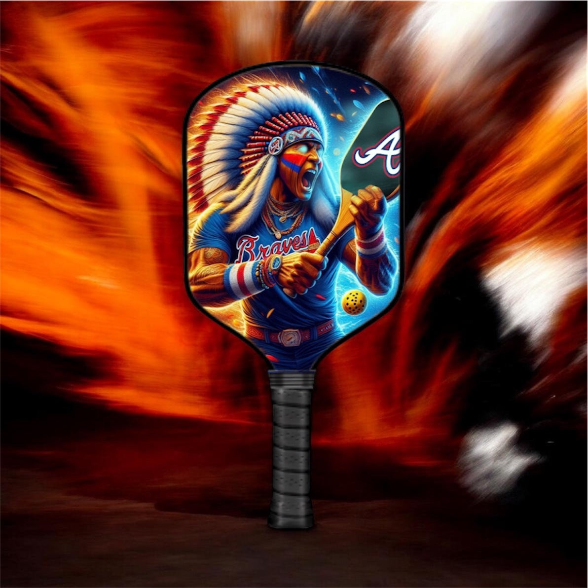 A pickleball paddle featuring a vibrant graphic of a Native American baseball player in a feathered headdress, holding a bat, with the Atlanta Braves 'A' logo on the upper right. The paddle has a black wrapped handle and is set against a dramatic, blurred orange and black background.