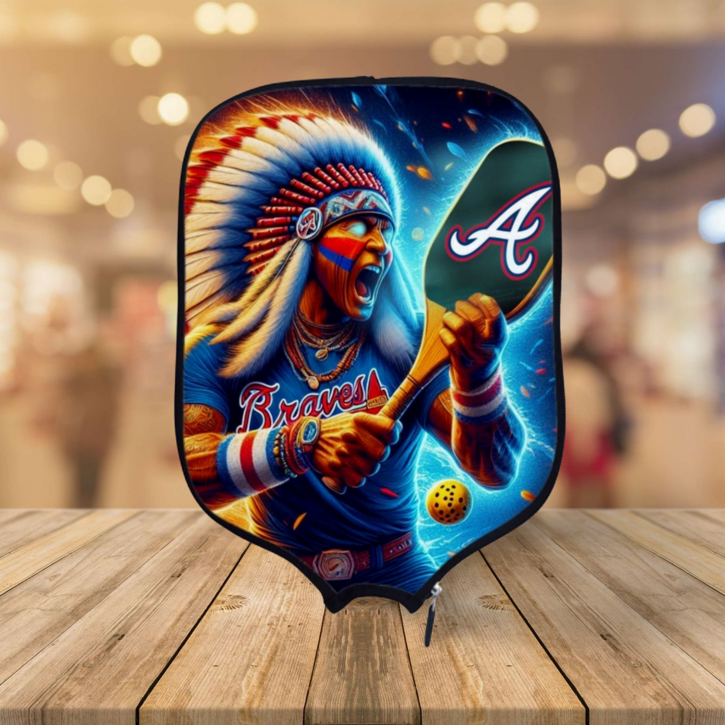 A colorful pickleball paddle cover featuring an illustrated character resembling a Native American with a 'Braves' logo on the attire.