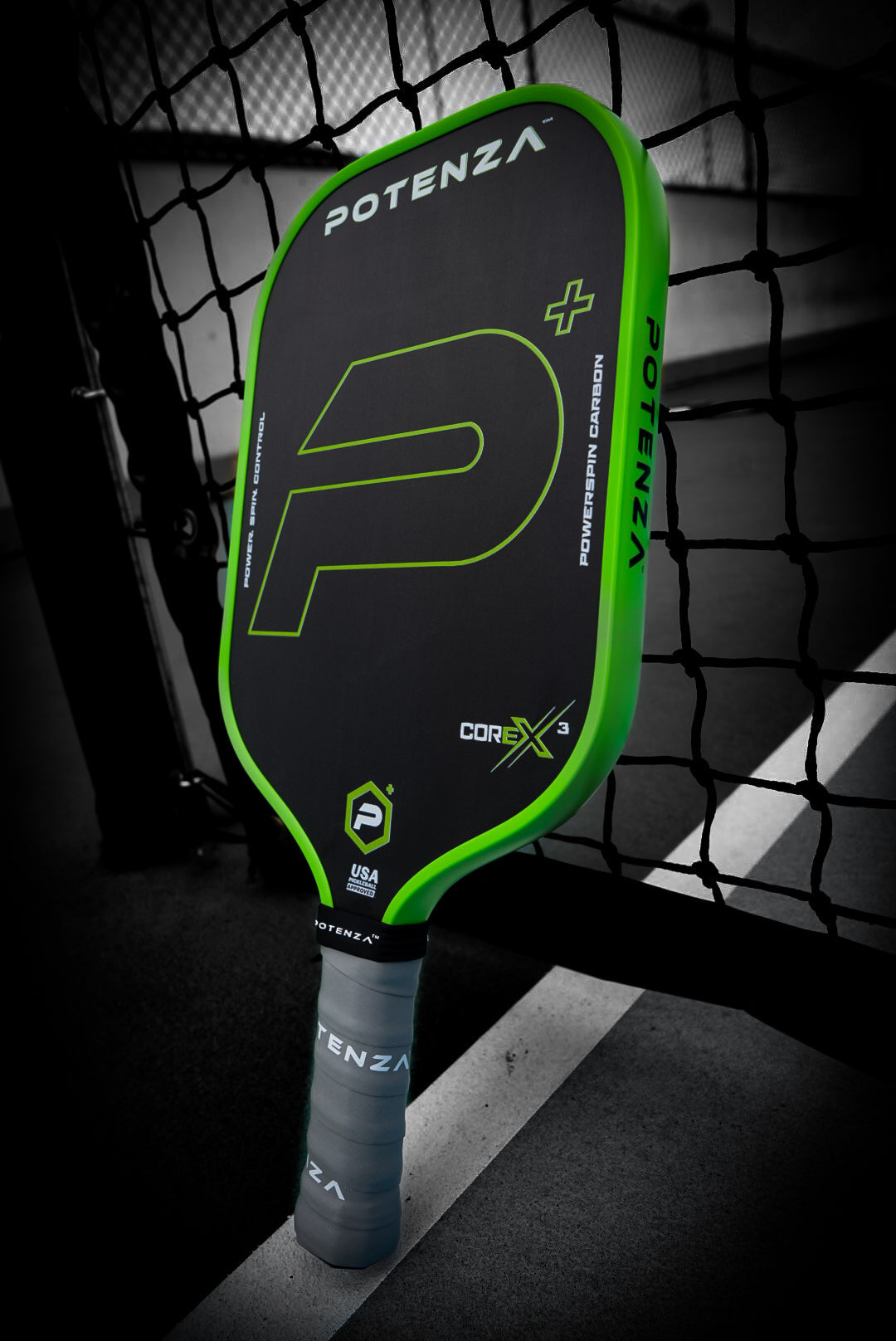 Potenza P+ PowerSpin Carbon COREx3 (Neon Green, Elongated Face) Pickleball Paddle