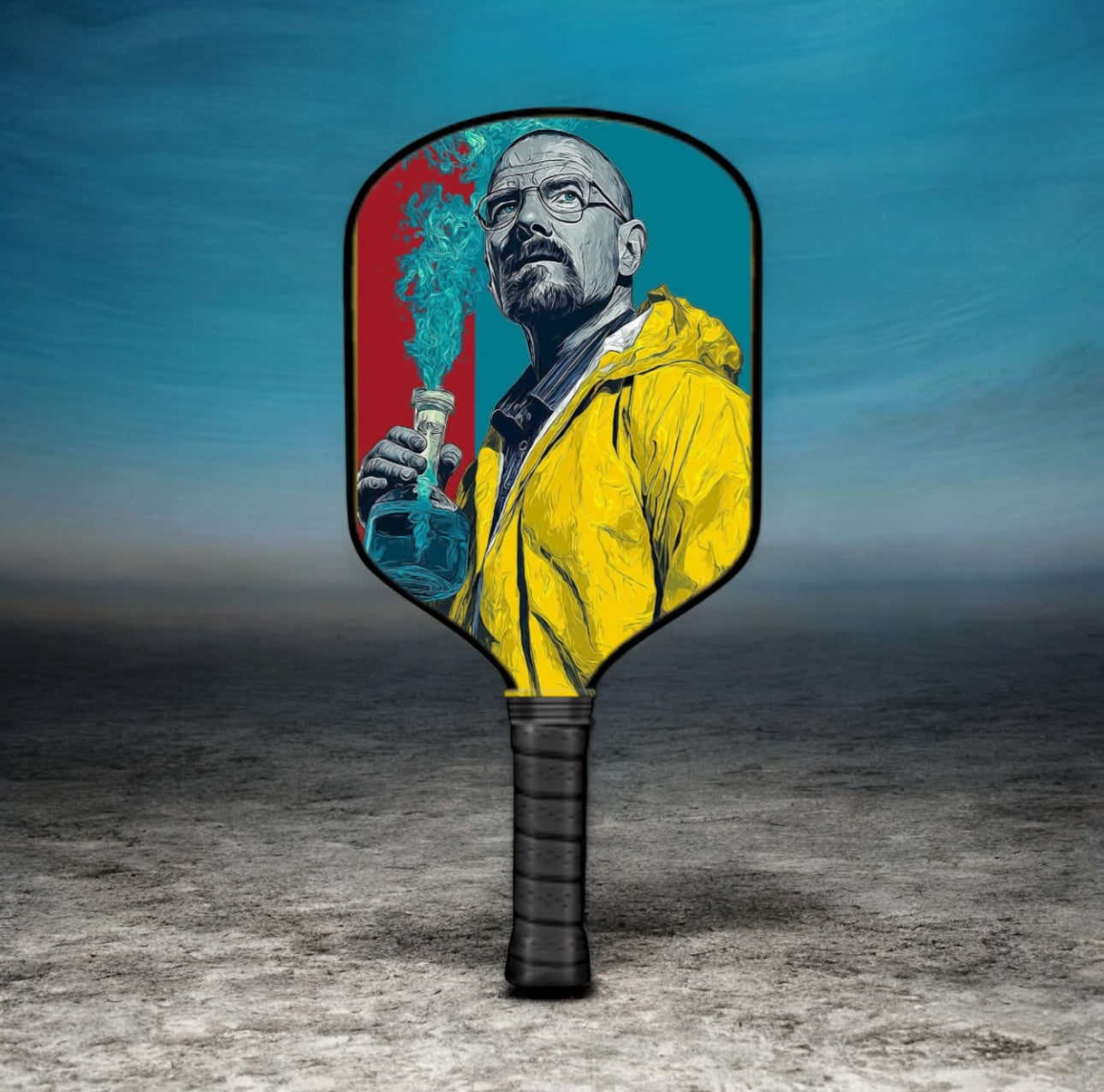 Pickleball paddle with a graphic of a character in a yellow jacket against a blue sky.