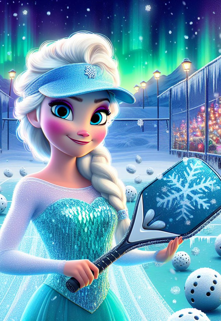 Picture of Elsa from Frozen playing pickleball holding a pickleball paddle