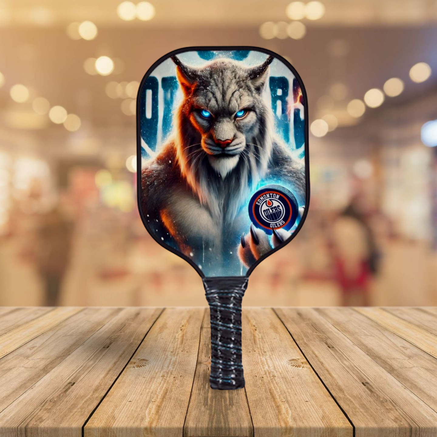 A pickleball paddle with a graphic of a hockey player in a suit with a wolf's head, featuring blue and red colors, on the paddle's surface.