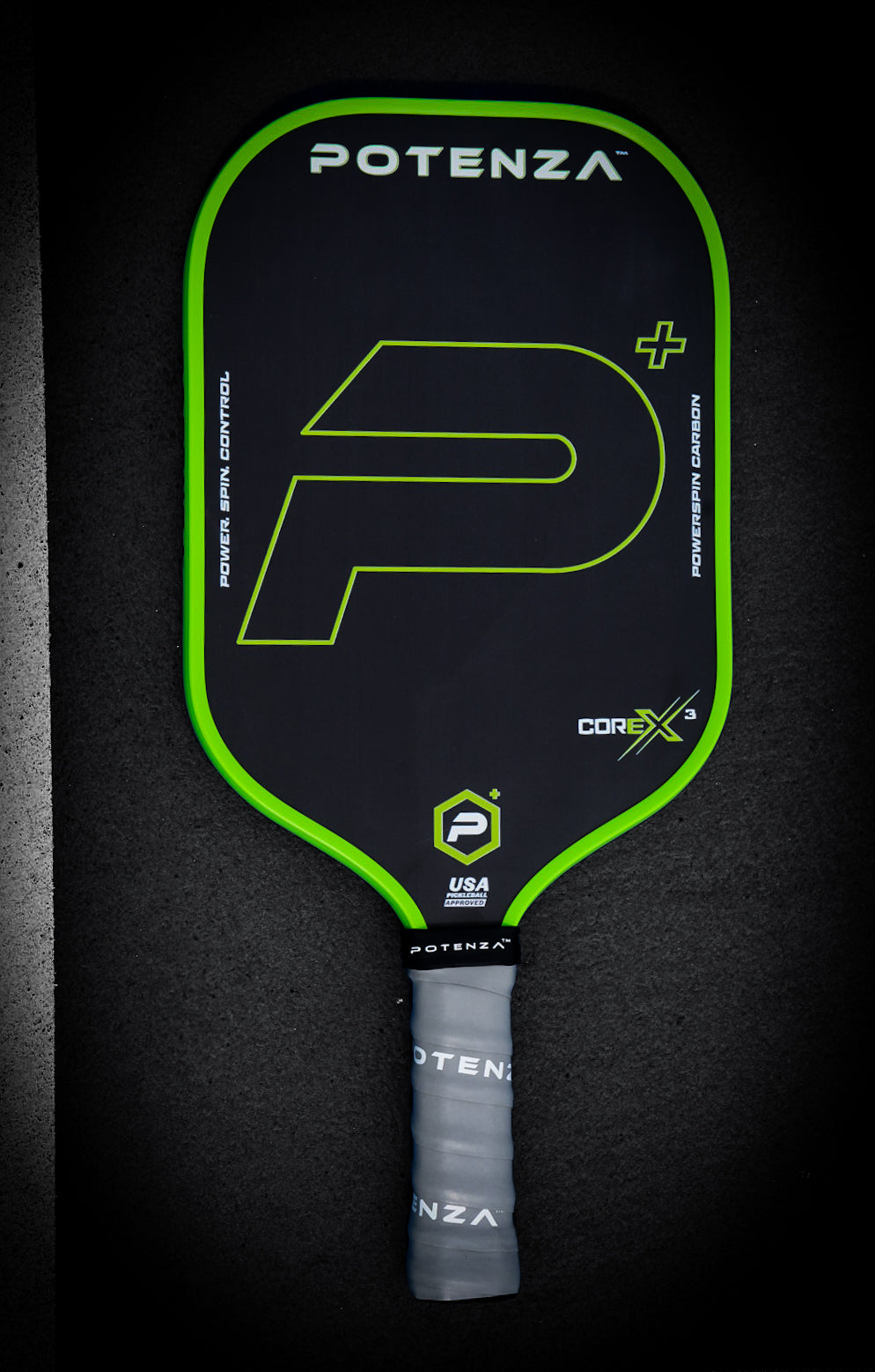 Potenza P+ PowerSpin Carbon COREx3 (Neon Green, Elongated Face) Pickleball Paddle