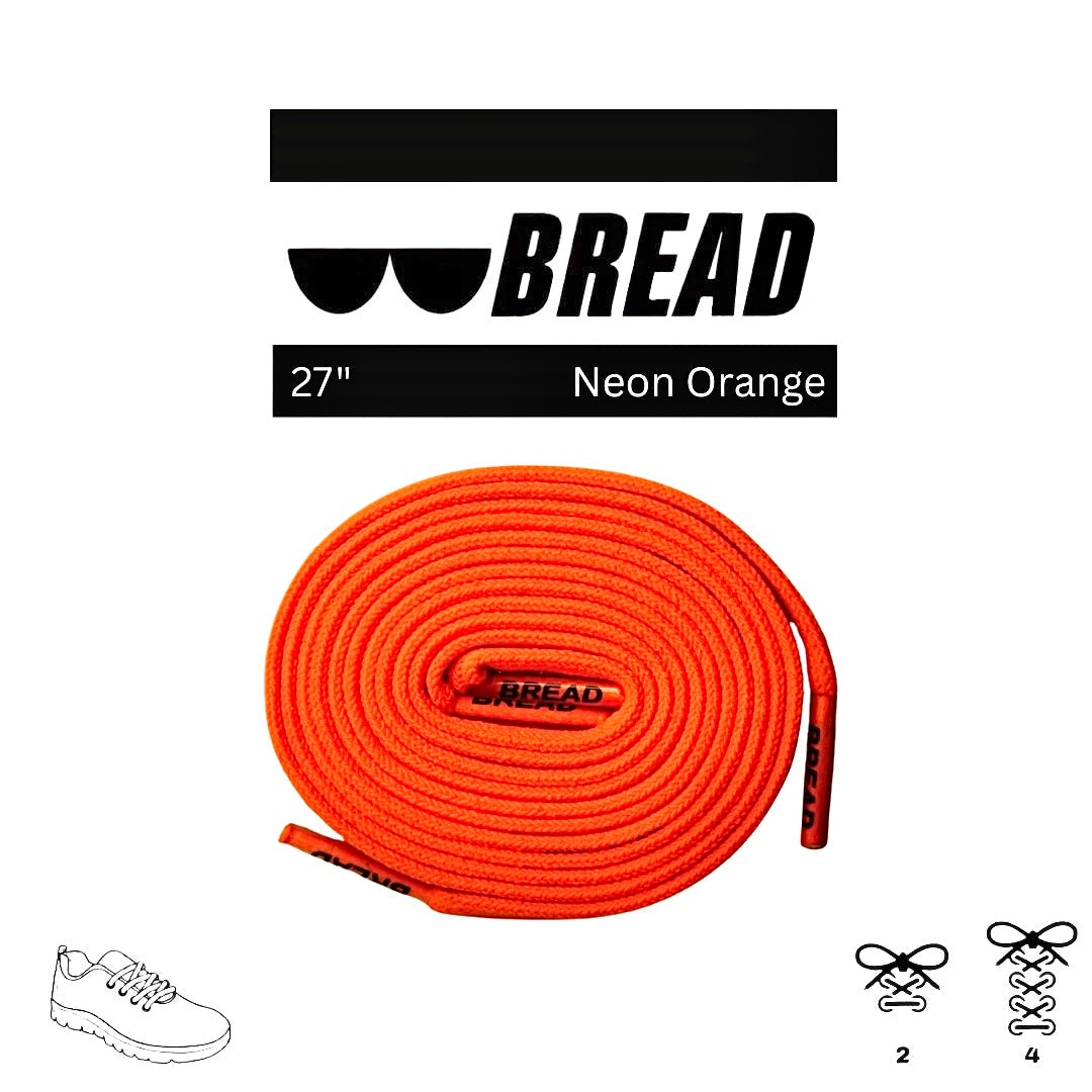 Bright neon orange flat braided rope coiled on a white background, with a BREAD logo banner above reading 27" Neon Orange. Small line drawings of a shoe and lacing options appear at the bottom corners.