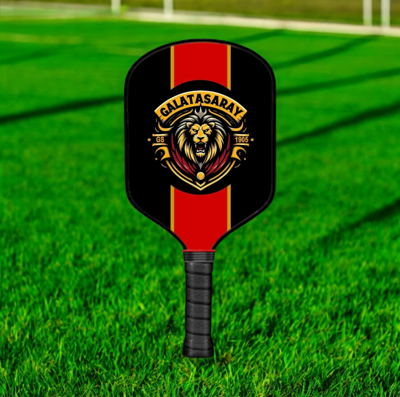 Pickleball paddle with Galatasaray logo on a grass background