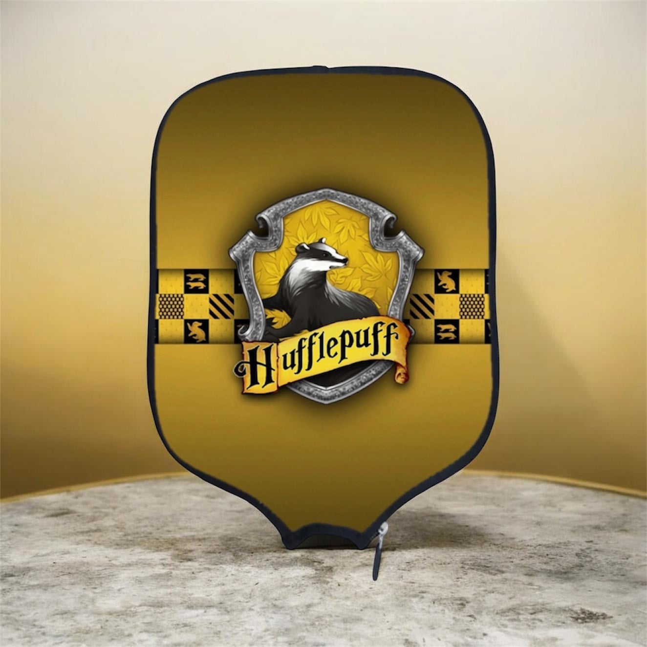 A Hufflepuff-themed studio backdrop stand featuring the Gryffindor crest, a badger logo, and the word 'Hufflepuff' on a yellow and black checkered background, set against a warm beige backdrop.