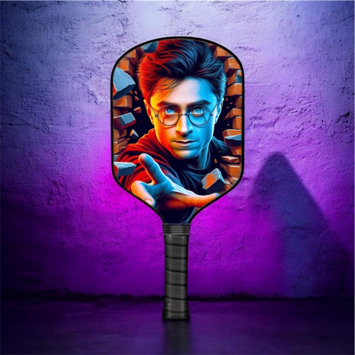 A decorative paddle-shaped mirror with a dark handle, featuring a colorful printed portrait of Harry Potter on the reflective surface, set against a purple-lit textured wall.