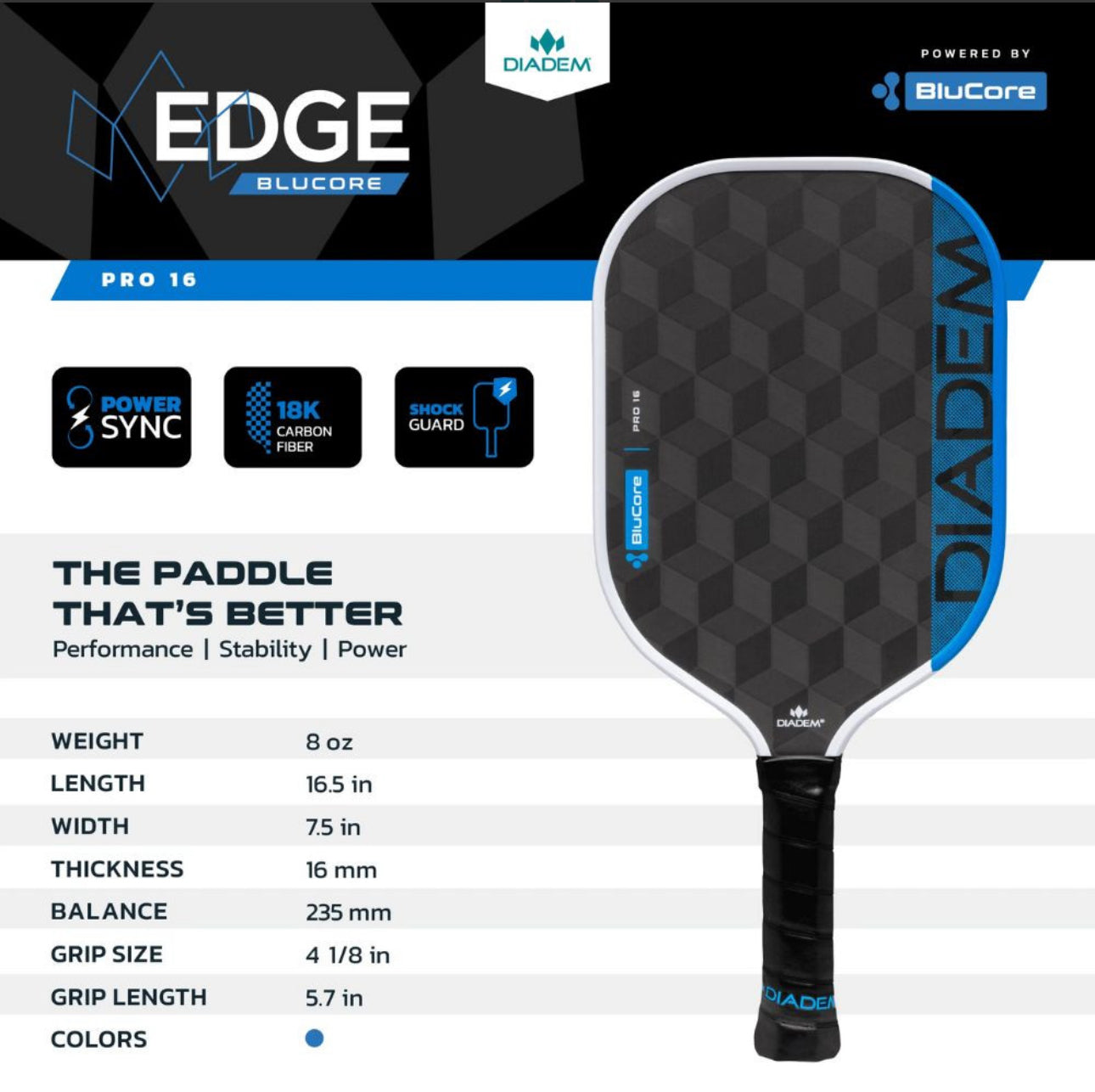 Diadem EDGE BluCore PRO 16MM - Pickleball Paddle