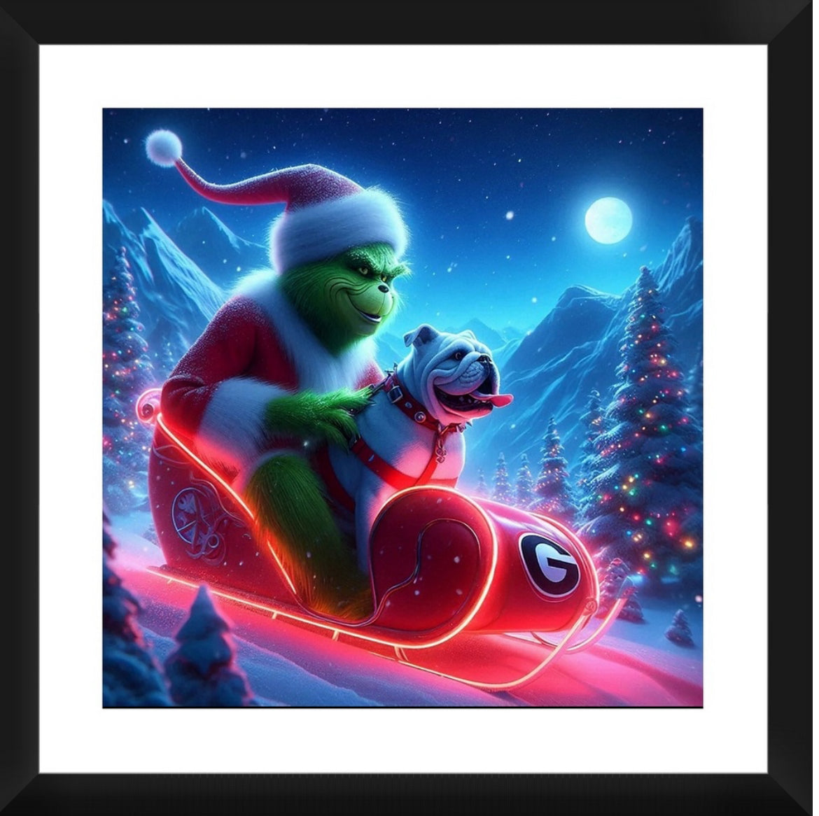 Grinch and Georgia's Uga Take a Sleigh Ride - Framed Artwork 16x16