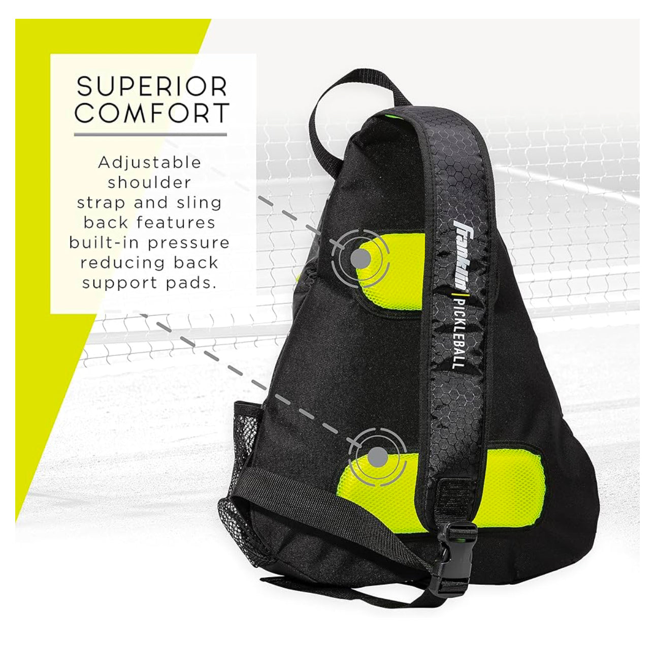 .Franklin Black/Green Sports Sling Bag Backpack for Pickleball Gear - Holds Paddles, Balls + Accessories - Official US Open Bag