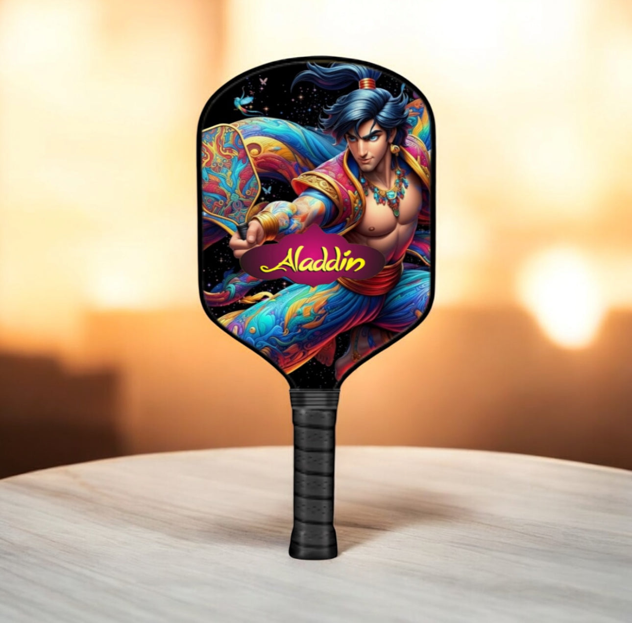 Pickleball paddle with Aladdin design on a wooden surface
