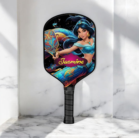 Pickleball paddle with Jasmine character design on a marble background