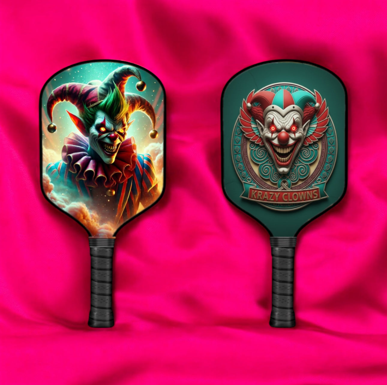 Two pickleball paddles with clown designs on a pink background