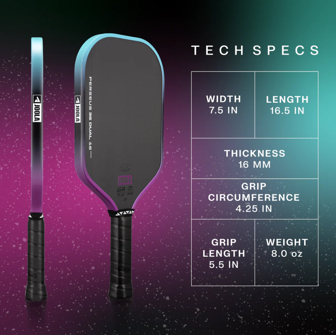 Pickleball paddle with technical specifications on a gradient background