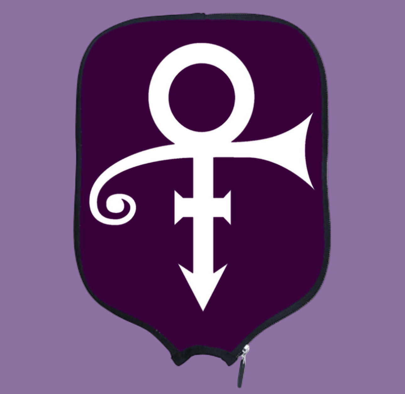 Purple pouch with a white symbol on a white background