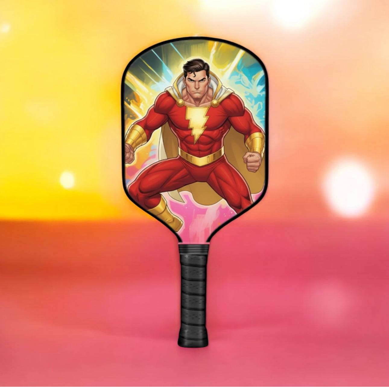 Pickleball paddle with superhero design on a colorful background