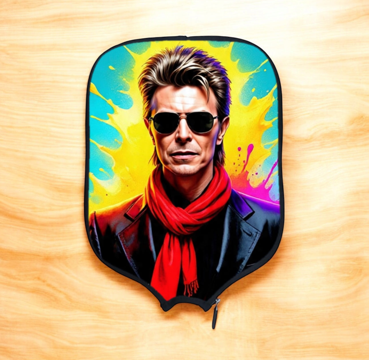 Sculptural art piece of a person with sunglasses and a red scarf on a colorful background