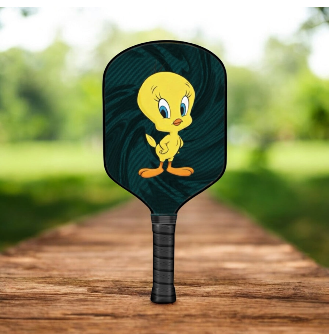 Pickleball paddle with Tweety bird design on a blurred green outdoor background