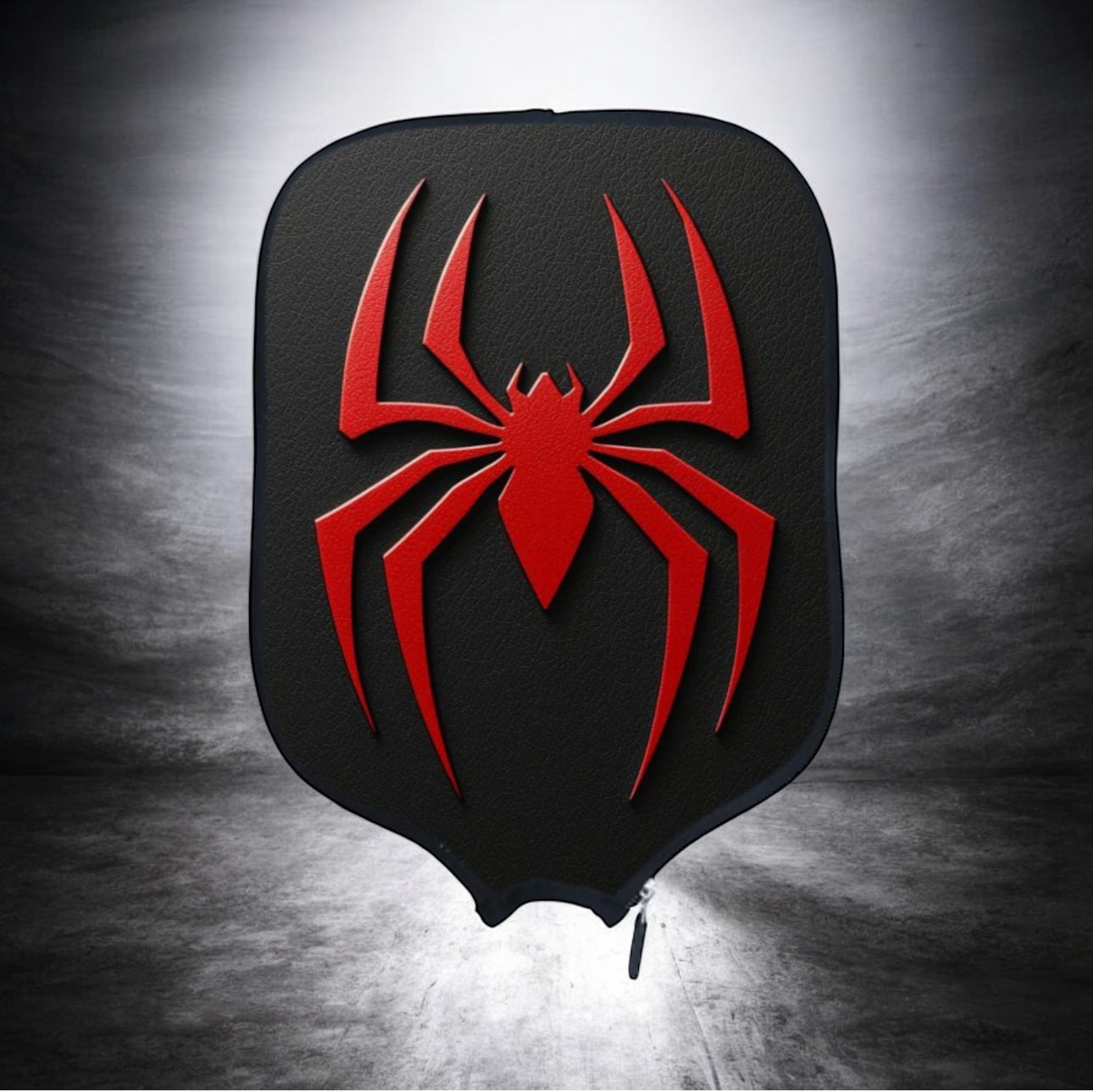 Black and red spider emblem on a textured gray background