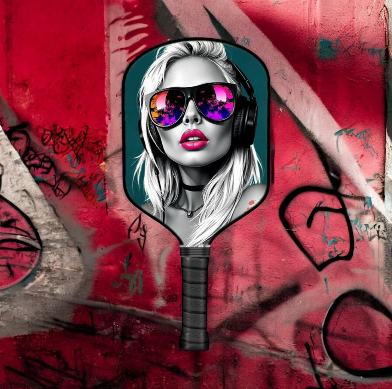 Graffiti-style artwork of a woman with sunglasses on a red background