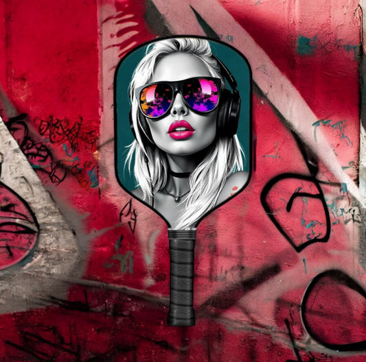 Graffiti-style artwork of a woman with sunglasses on a red background