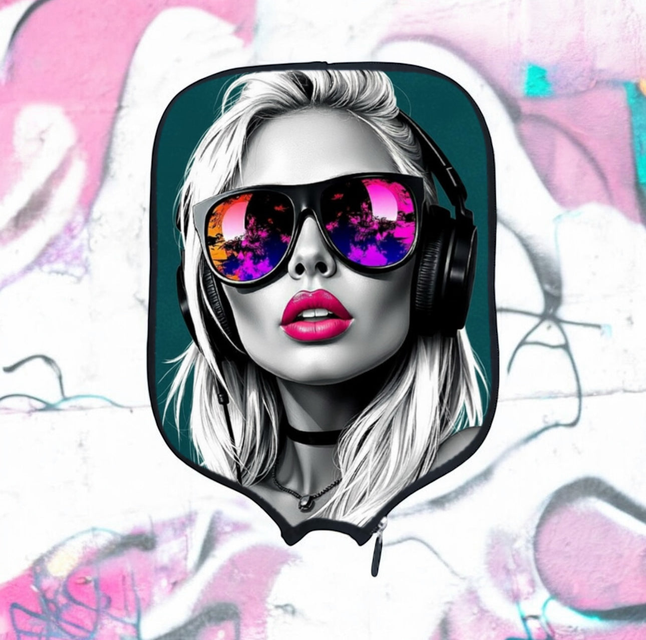 Artistic depiction of a woman wearing sunglasses and headphones with a colorful abstract background