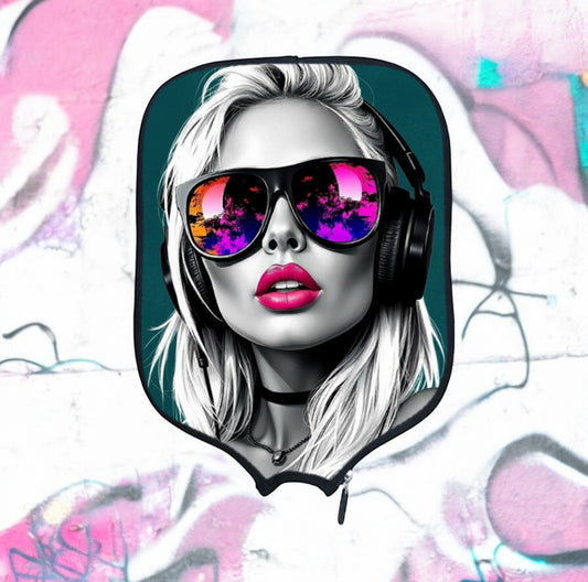 Artistic depiction of a woman wearing sunglasses and headphones with a colorful abstract background