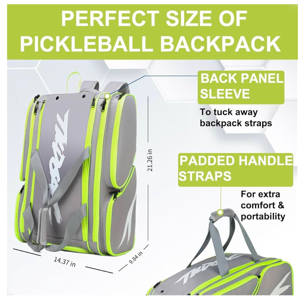 Pickleball Bag Grey/Neon Green  - Backpack & Duffle Bag for Paddles & Pickleball Accessories - Large Paddle Bag Fits 4 Pickleball Paddles & Gear - Fence Hook, Extra Pockets,Shoe Compartment