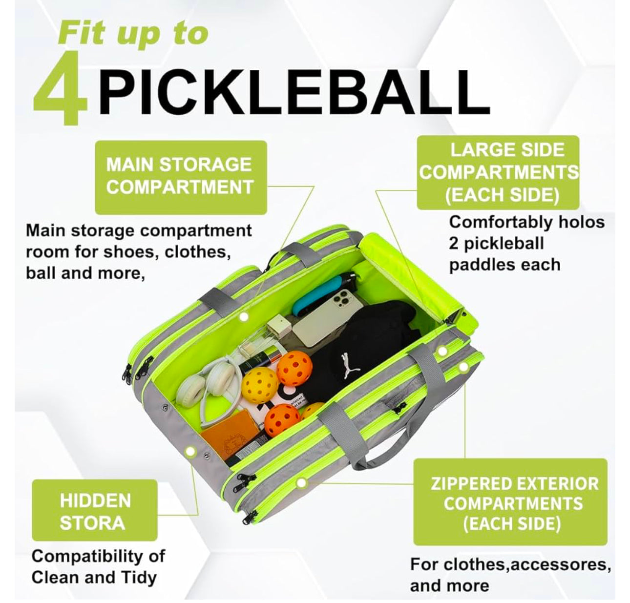 Pickleball Bag Grey/Neon Green  - Backpack & Duffle Bag for Paddles & Pickleball Accessories - Large Paddle Bag Fits 4 Pickleball Paddles & Gear - Fence Hook, Extra Pockets,Shoe Compartment