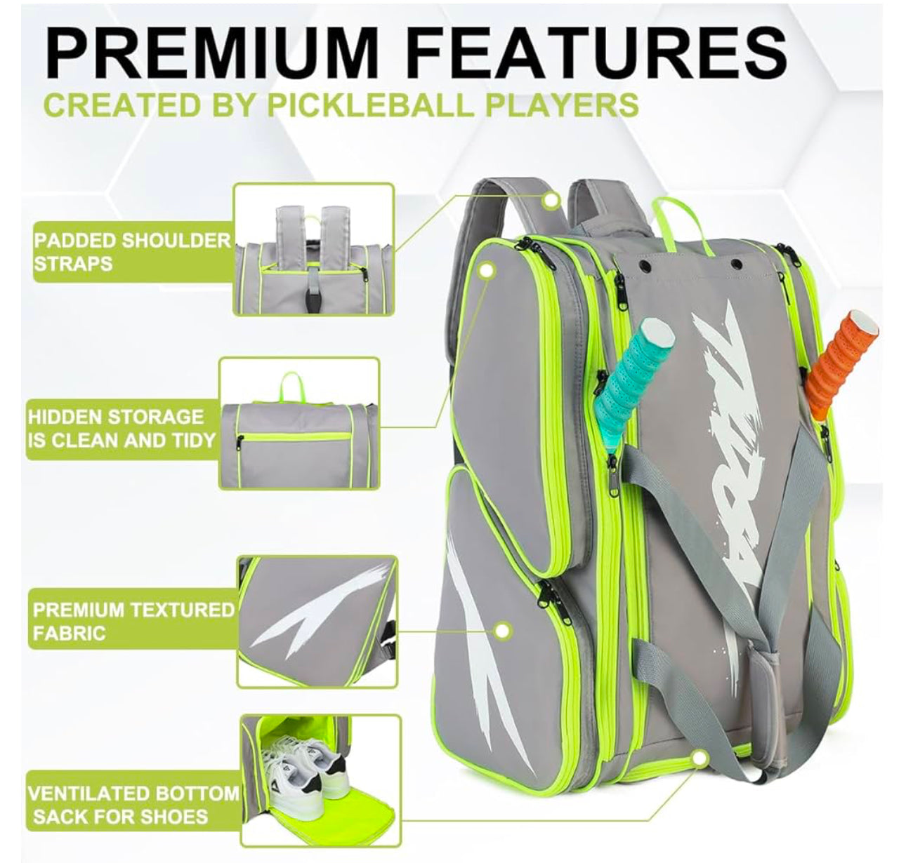 Pickleball Bag Grey/Neon Green  - Backpack & Duffle Bag for Paddles & Pickleball Accessories - Large Paddle Bag Fits 4 Pickleball Paddles & Gear - Fence Hook, Extra Pockets,Shoe Compartment