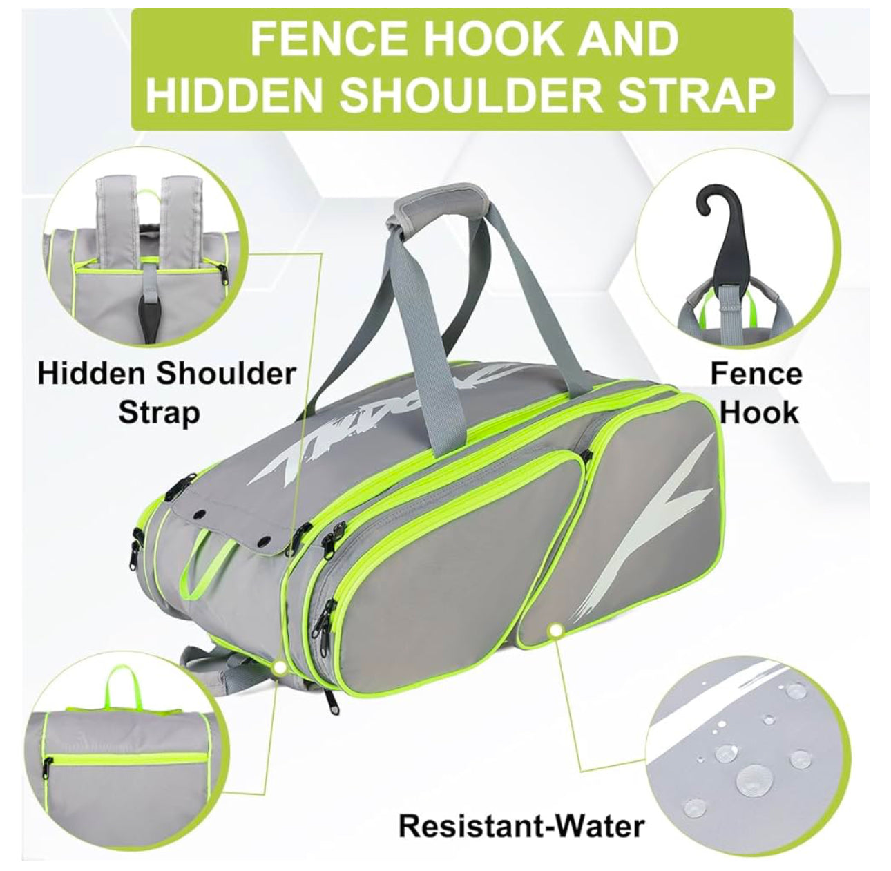 Pickleball Bag Grey/Neon Green  - Backpack & Duffle Bag for Paddles & Pickleball Accessories - Large Paddle Bag Fits 4 Pickleball Paddles & Gear - Fence Hook, Extra Pockets,Shoe Compartment