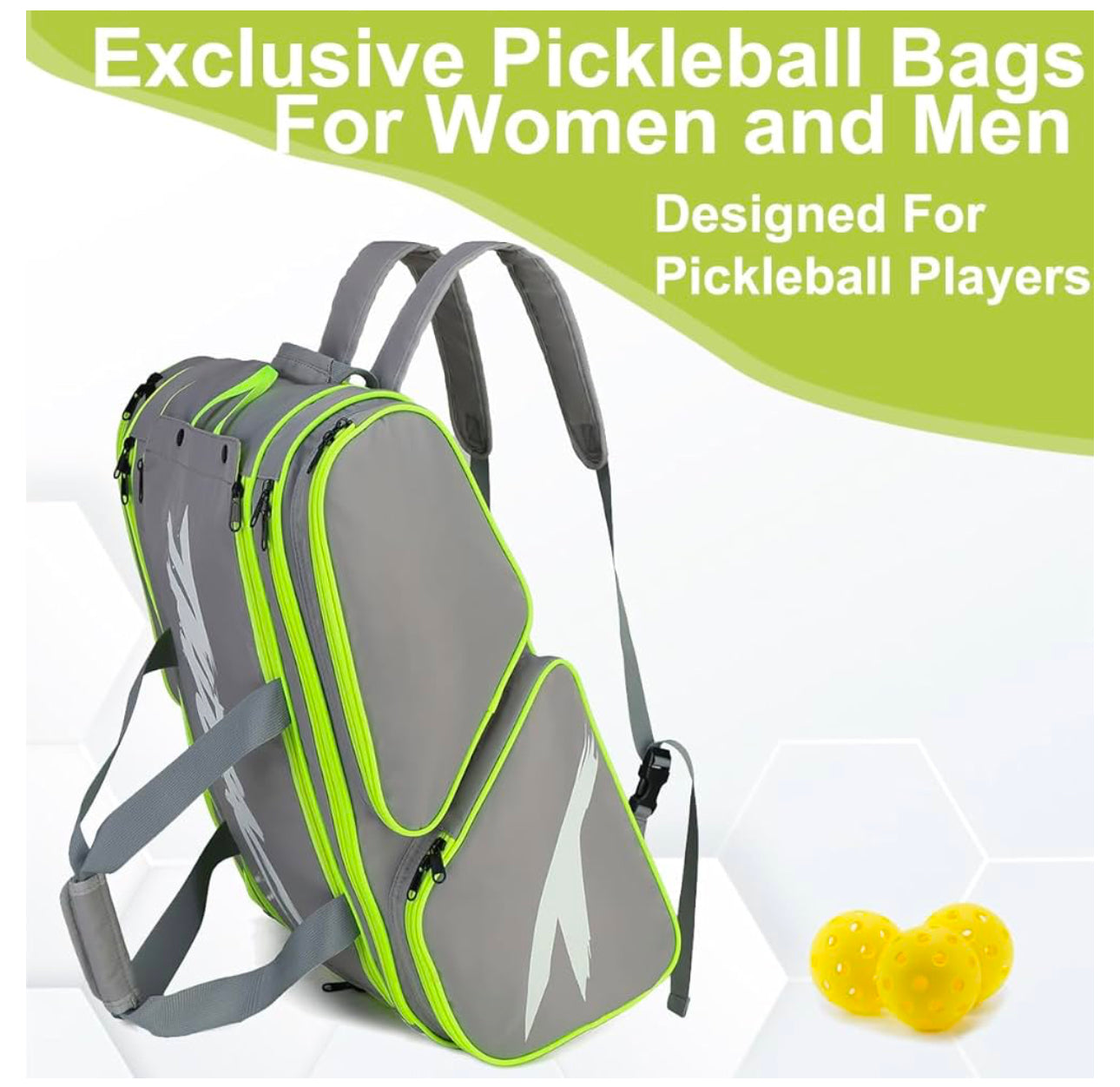 Pickleball Bag Grey/Neon Green  - Backpack & Duffle Bag for Paddles & Pickleball Accessories - Large Paddle Bag Fits 4 Pickleball Paddles & Gear - Fence Hook, Extra Pockets,Shoe Compartment