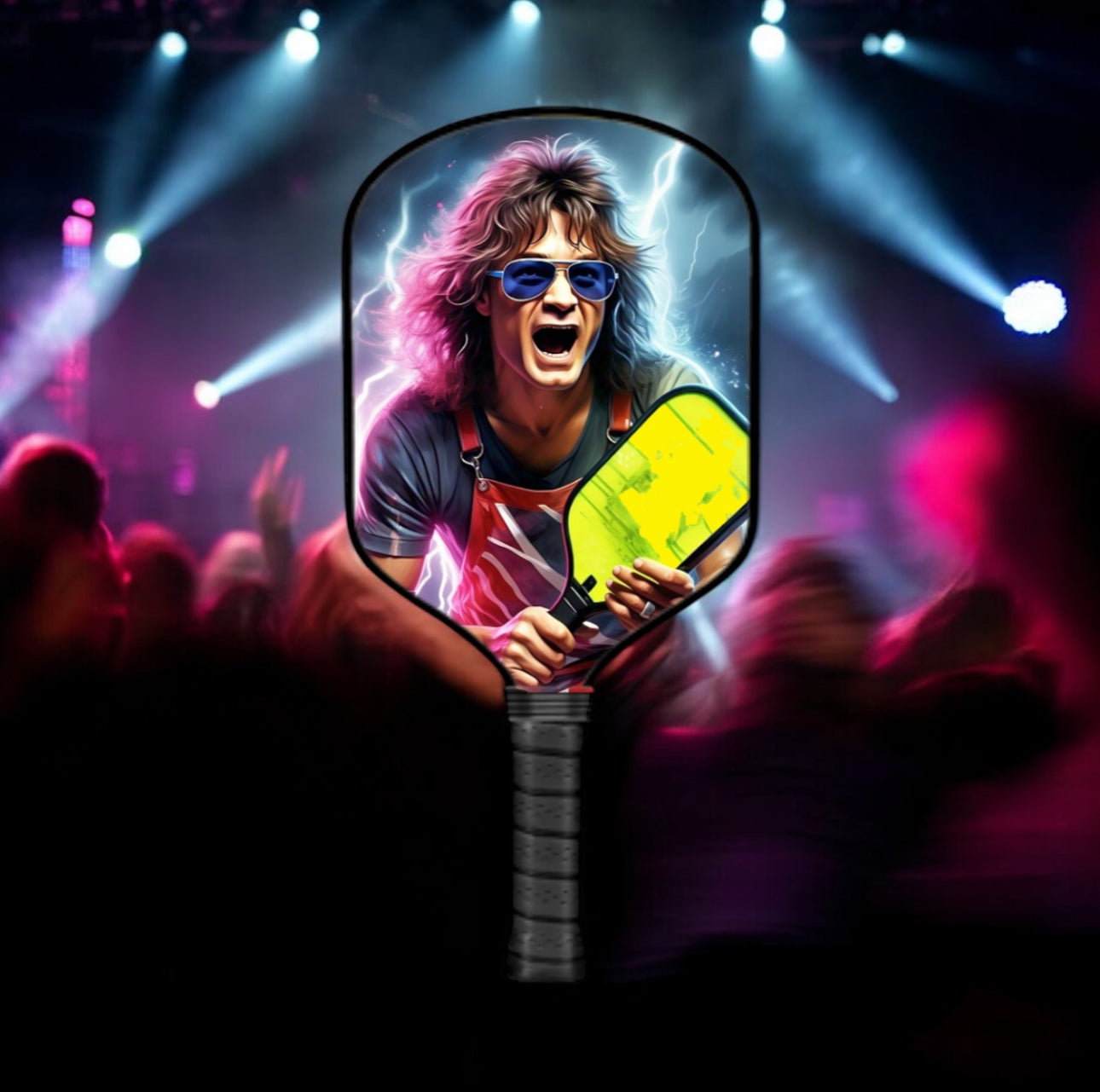 Person with long hair and sunglasses holding a pickleball paddle in front of a crowd with stage lights.