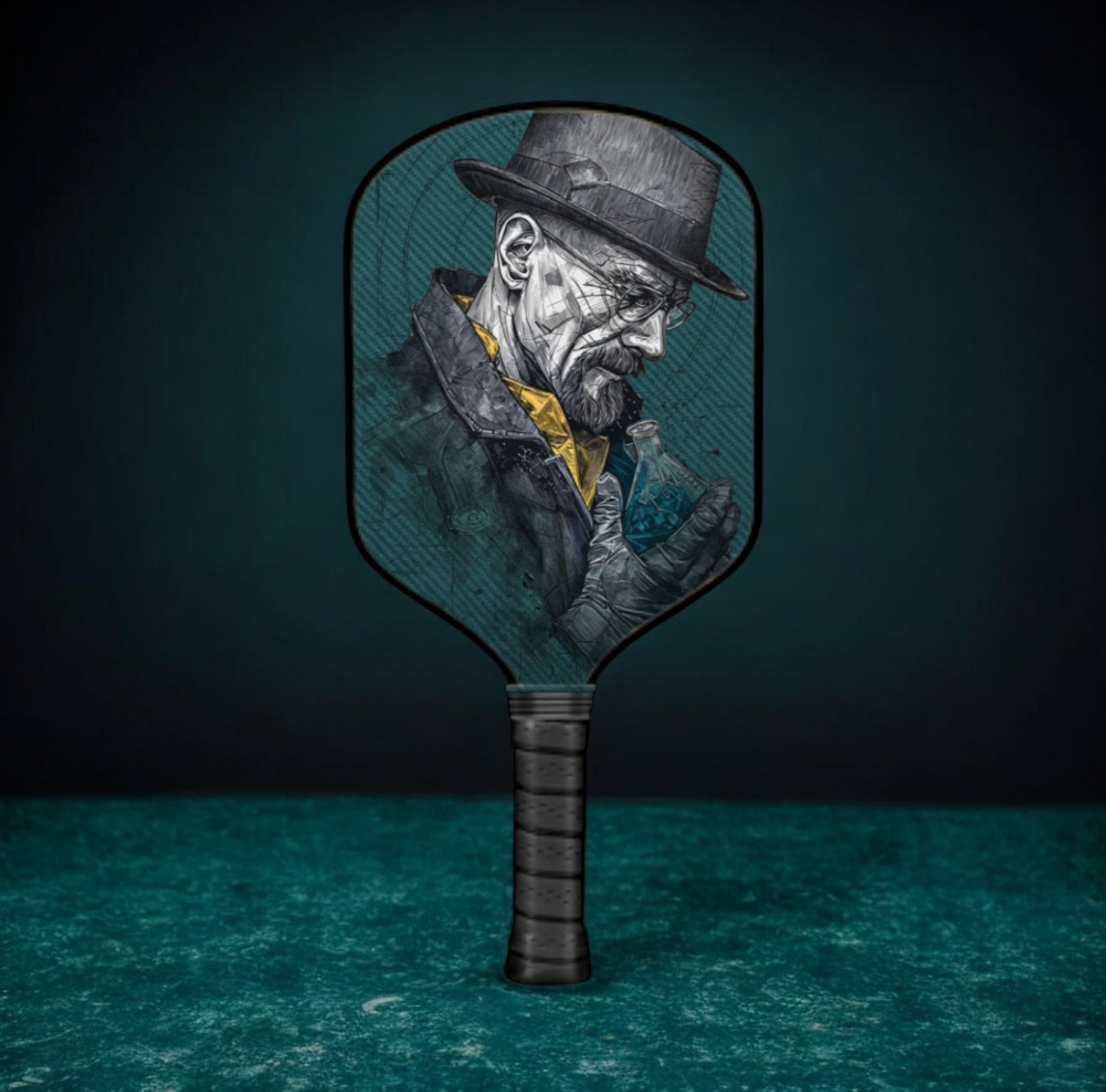 Pickleball paddle with a portrait of a man on a dark background