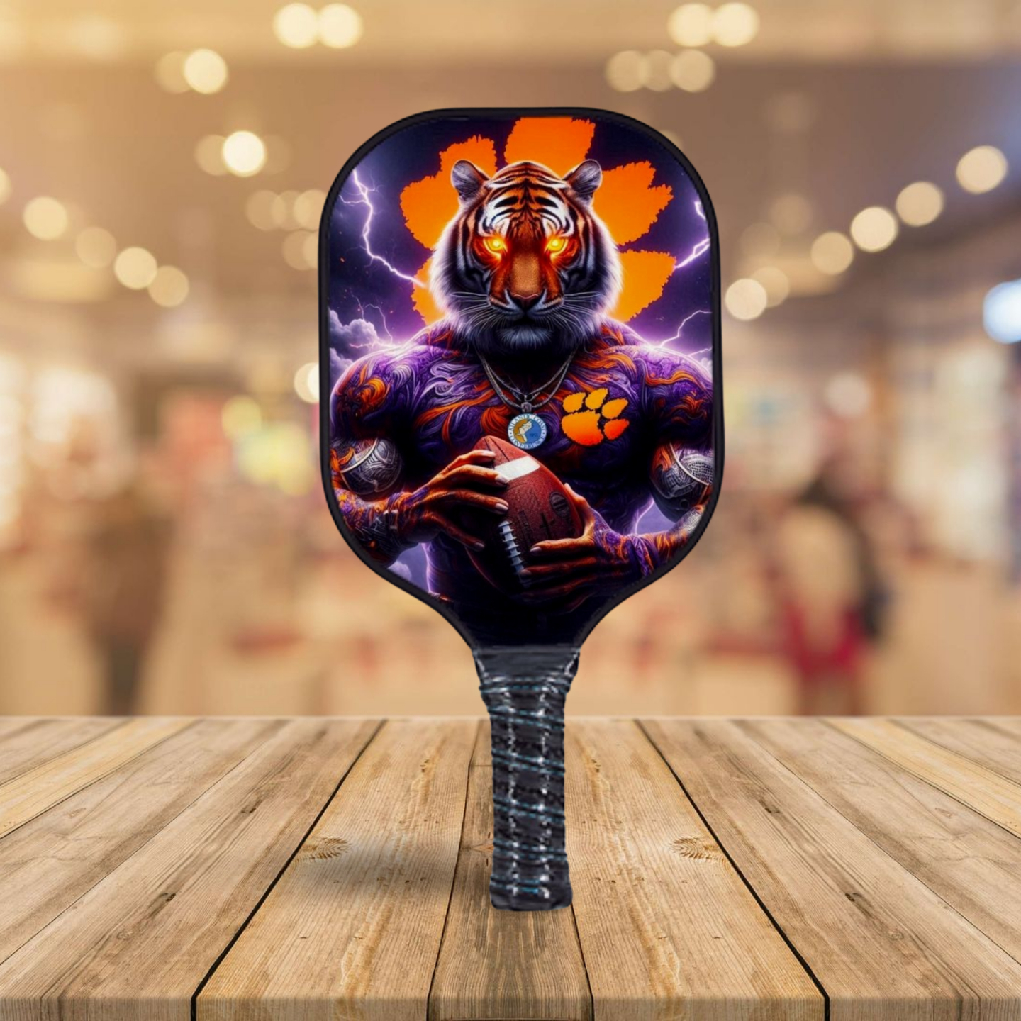 A pickleball paddle with a carbon fiber surface featuring a stylized tiger design in vibrant colors on a wooden table.